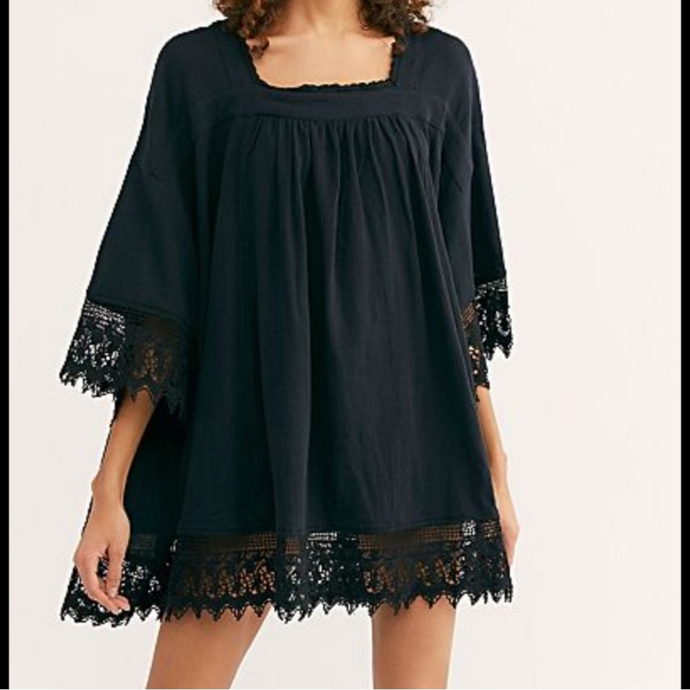 Free People It’s Necessary black crochet tie back dress beach tunic mini lace